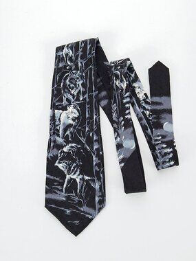 Addiction Wolves Wolf Howling Moon Forest Black Gray 100% Silk Men's Neck Tie